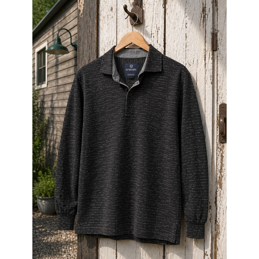 MARCELLO Cutter & Buck Polo Shirt Mens Large‎ Black Pattern Long Sleeve Casual